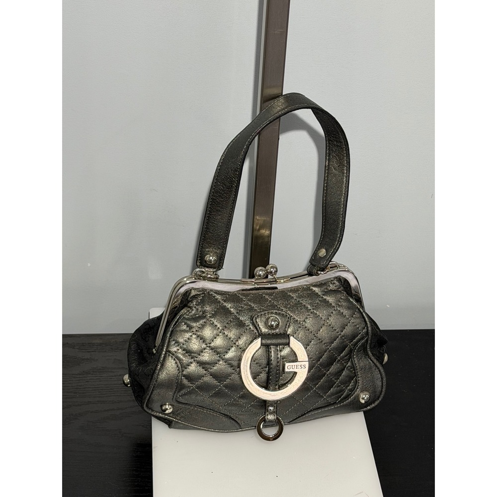 Guess Metallic Pewter Quilted Kiss Lock Shoulder Bag Y2K Zebra Print Lining